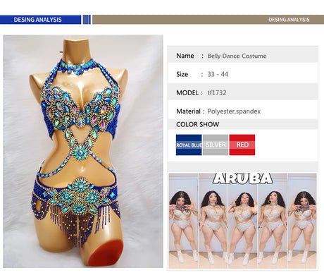 Beaded Crystal Belly Dance Costume Bra+Belt+Necklace 3pc Performance Set