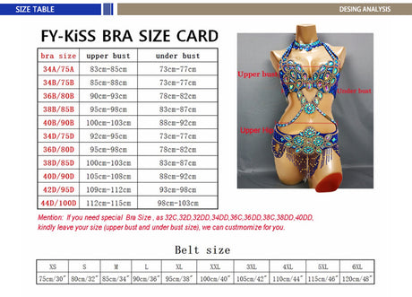 Beaded Crystal Belly Dance Costume Bra+Belt+Necklace 3pc Performance Set