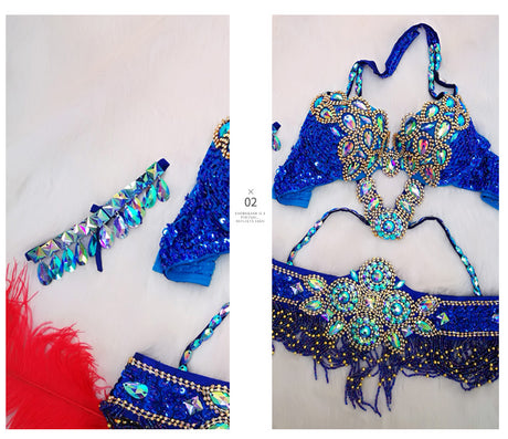 Beaded Crystal Belly Dance Costume Bra+Belt+Necklace 3pc Performance Set