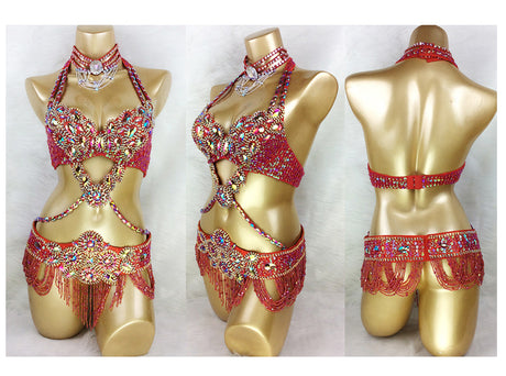 Beaded Crystal Belly Dance Costume Bra+Belt+Necklace 3pc Performance Set