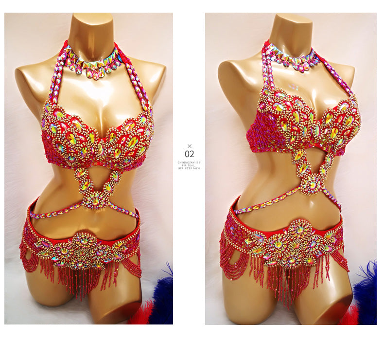 Beaded Crystal Belly Dance Costume Bra+Belt+Necklace 3pc Performance Set