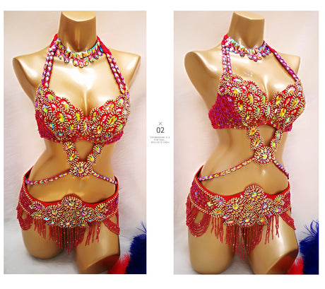 Beaded Crystal Belly Dance Costume Bra+Belt+Necklace 3pc Performance Set