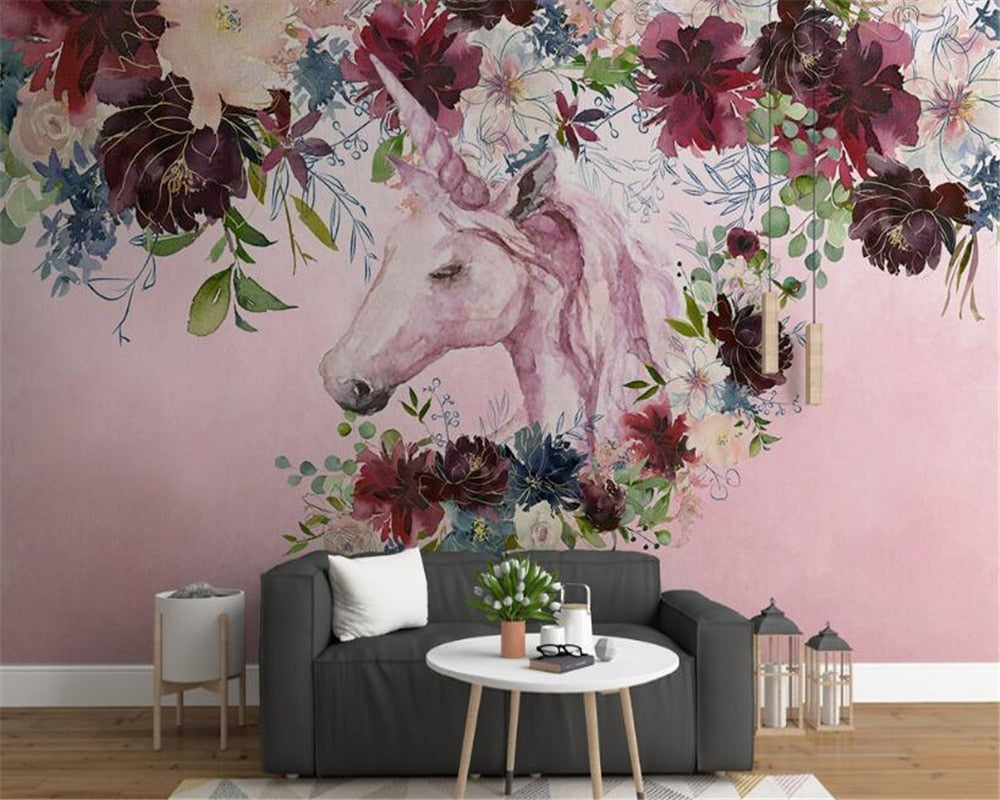 Unicorn Floral Silk Cloth Wallpaper