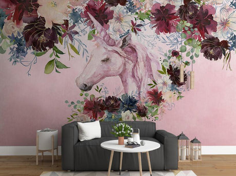 Unicorn Floral Silk Cloth Wallpaper