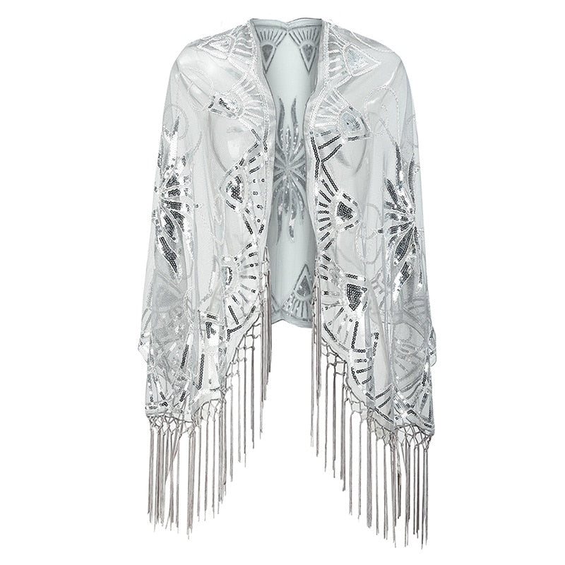 Sequinned 1920s Fringed Evening Shawl