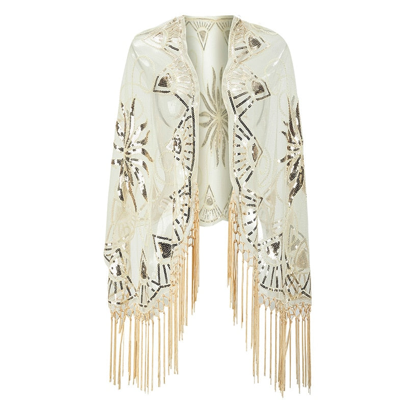 Sequinned 1920s Fringed Evening Shawl