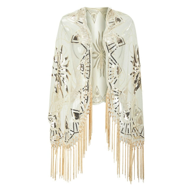 Sequinned 1920s Fringed Evening Shawl