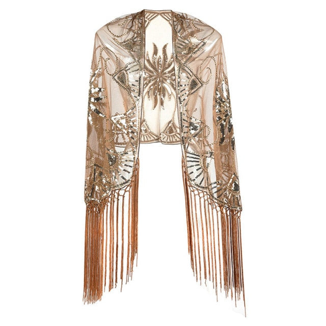 Sequinned 1920s Fringed Evening Shawl