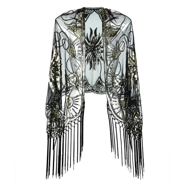 Sequinned 1920s Fringed Evening Shawl