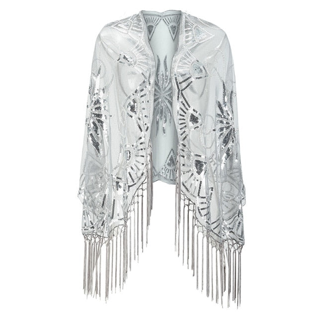 Sequinned 1920s Fringed Evening Shawl