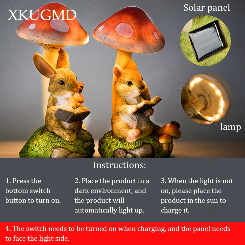 Rabbit & Hedgehog & Chipmunk Mushroom Lamps Solar Powered Night Lights
