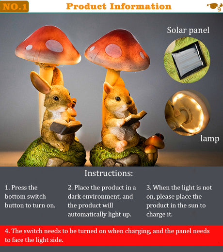 Rabbit & Hedgehog & Chipmunk Mushroom Lamps Solar Powered Night Lights