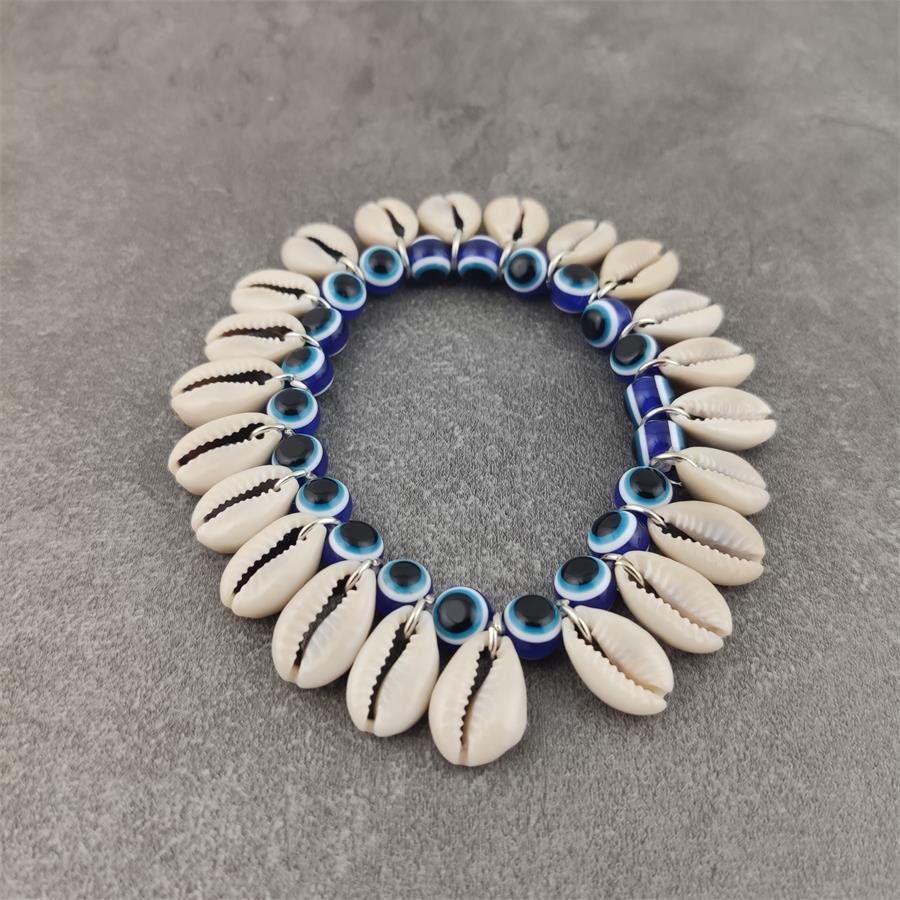 Blue Evil Eye Beads & Cowrie Shell Boho Bracelet