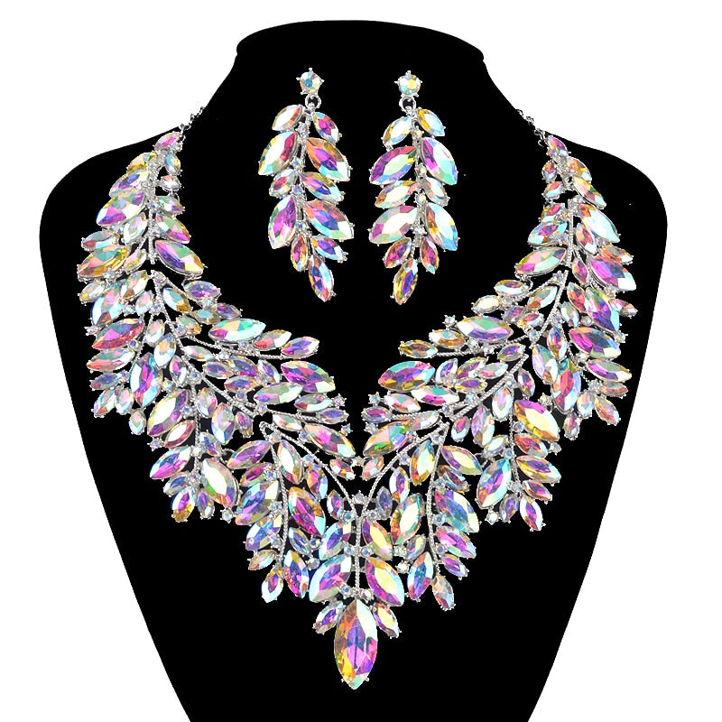 Iridescent Crystal Leaves Statement Necklace and Earring Set