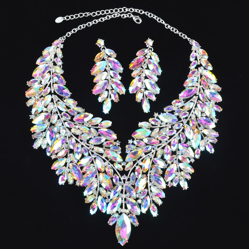 Iridescent Crystal Leaves Statement Necklace and Earring Set