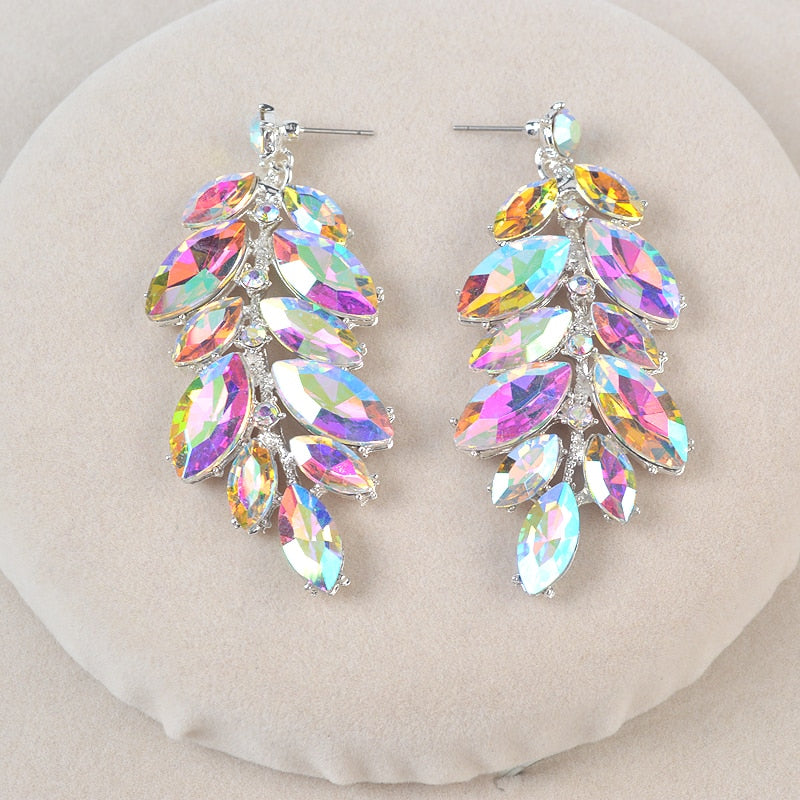 Iridescent Crystal Leaves Statement Necklace and Earring Set