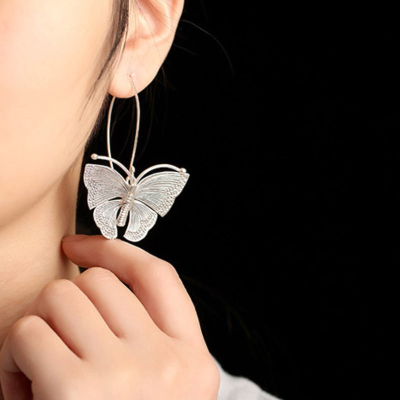 Large Butterfly Drop Earrings 925 Sterling Silver
