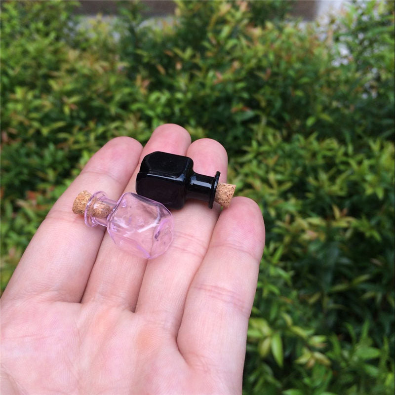 Set of Seven Mini Glass Wishing Bottles With Cork Stoppers