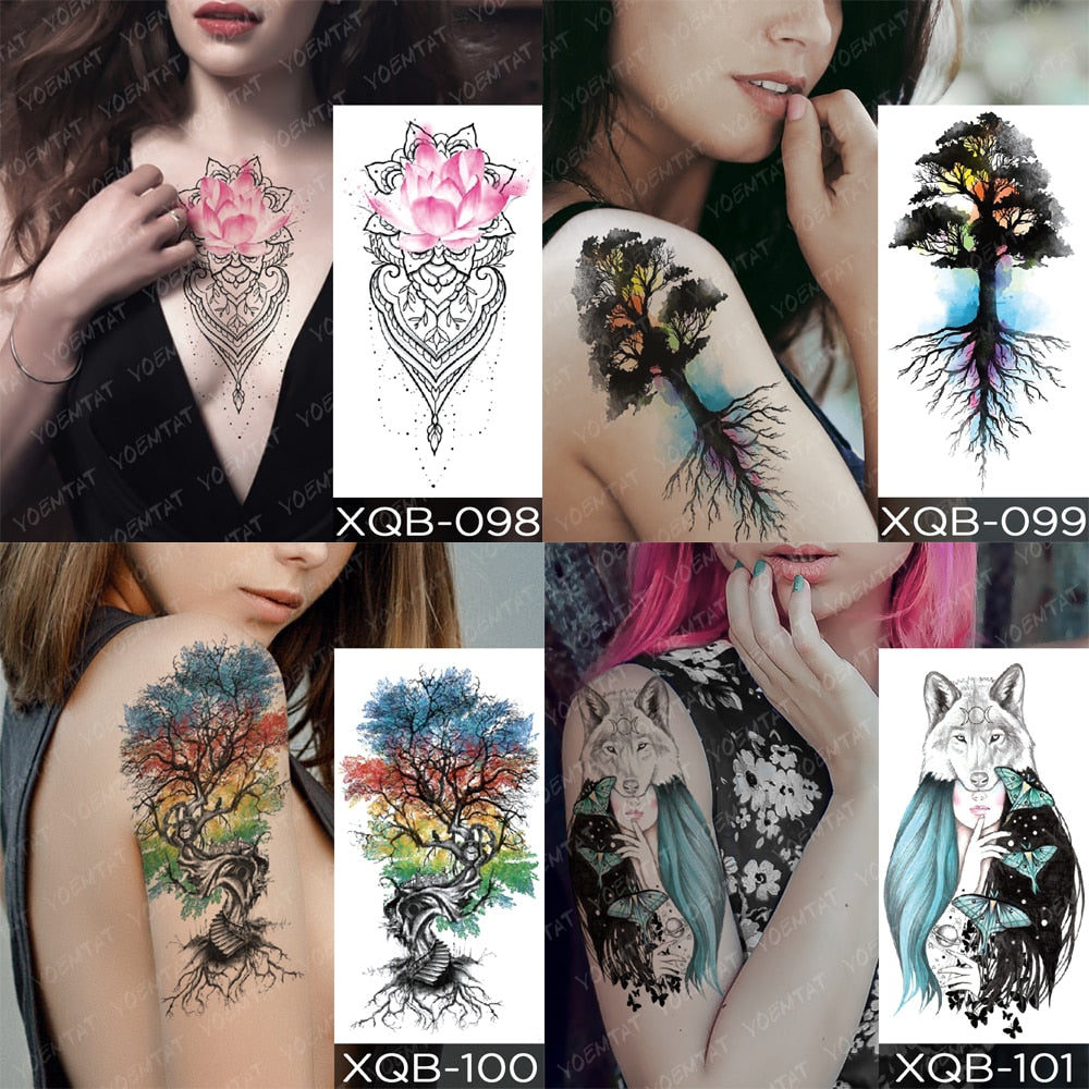 Waterproof Temporary Tattoos Snake Flower Rose Mandala Lace Fox Lion Cat Tree