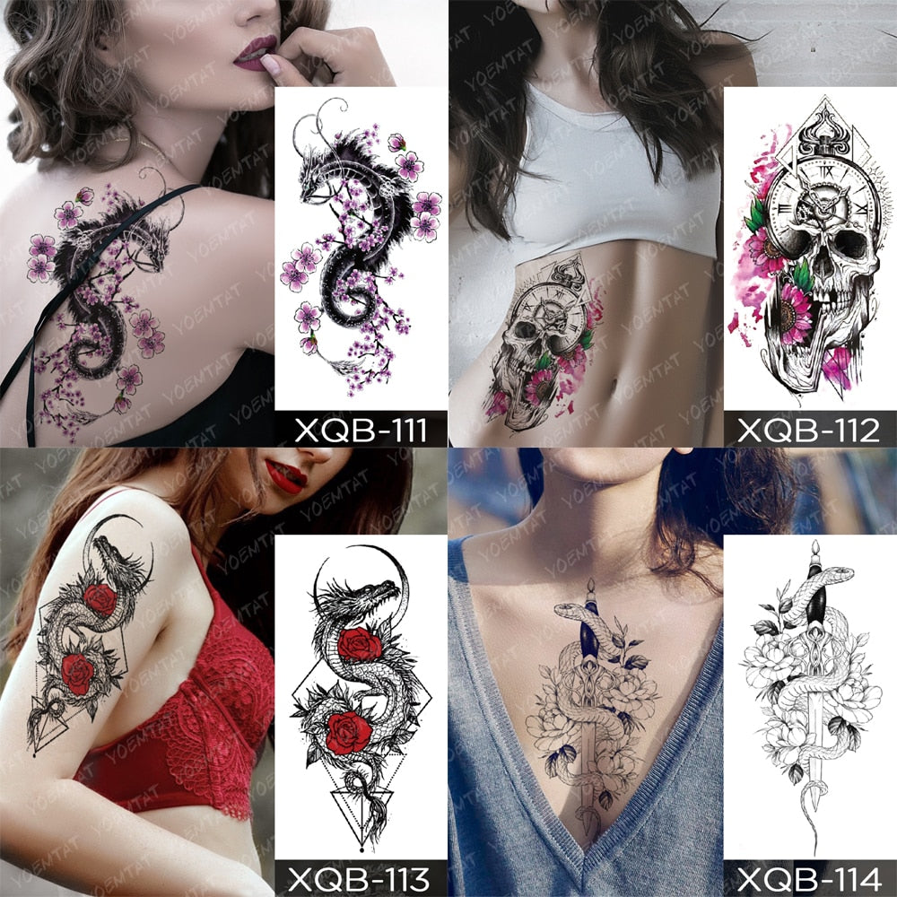 Waterproof Temporary Tattoos Snake Flower Rose Mandala Lace Fox Lion Cat Tree