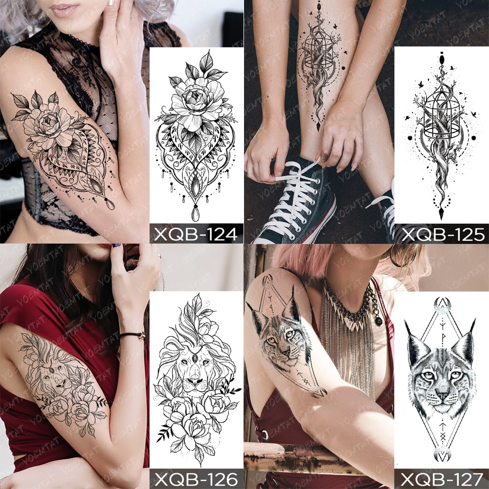 Waterproof Temporary Tattoos Snake Flower Rose Mandala Lace Fox Lion Cat Tree