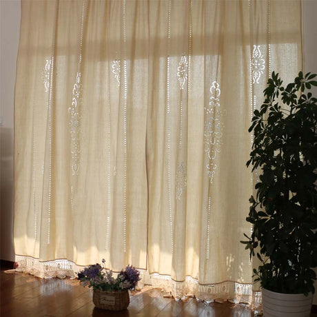 Cotton Linen Handmade Embroidered Tassel Hem Curtain