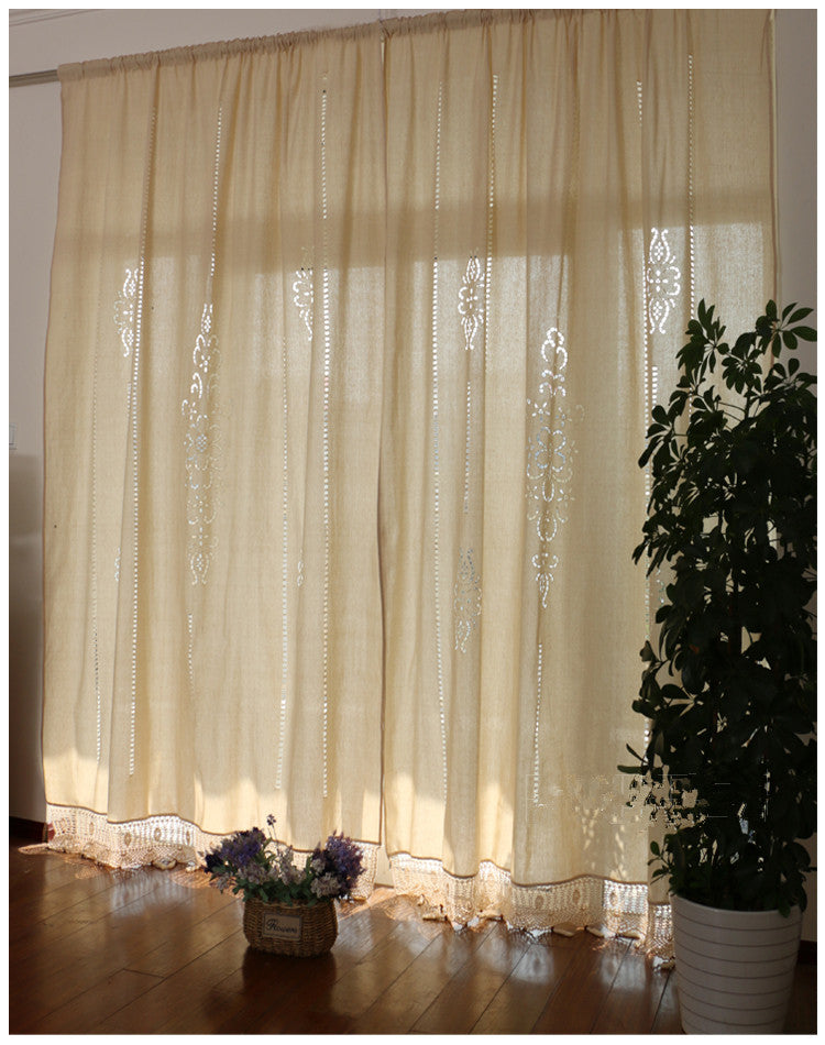 Cotton Linen Handmade Embroidered Tassel Hem Curtain