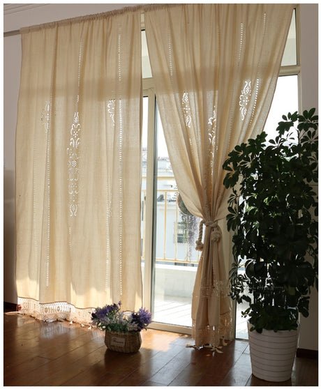 Cotton Linen Handmade Embroidered Tassel Hem Curtain