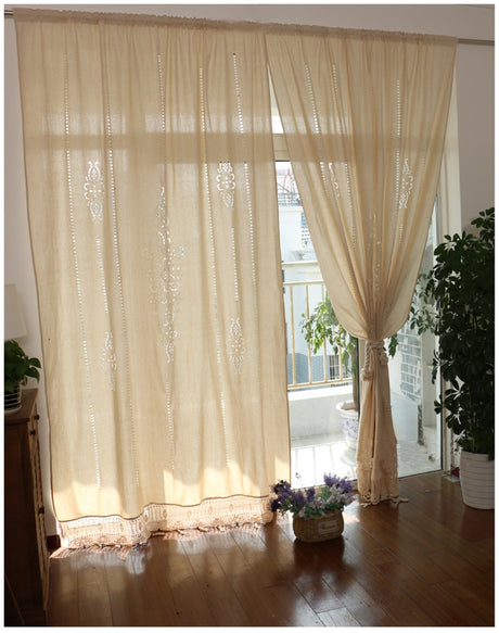 Cotton Linen Handmade Embroidered Tassel Hem Curtain