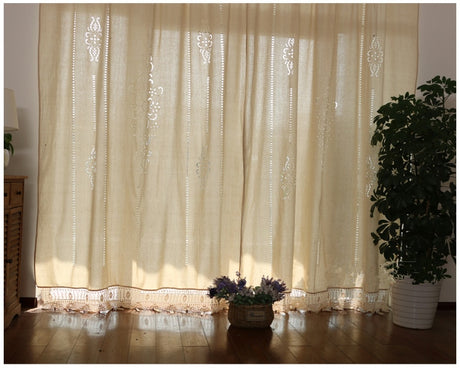 Cotton Linen Handmade Embroidered Tassel Hem Curtain
