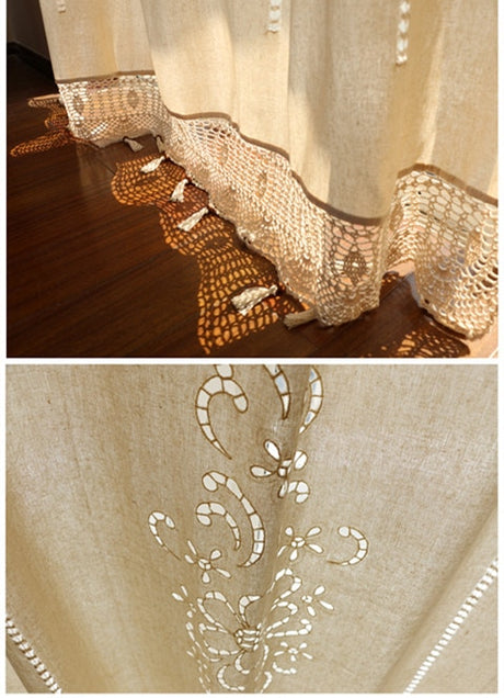 Cotton Linen Handmade Embroidered Tassel Hem Curtain