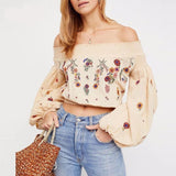 Lantern Sleeve Embroidered Off The Shoulder Boho Top