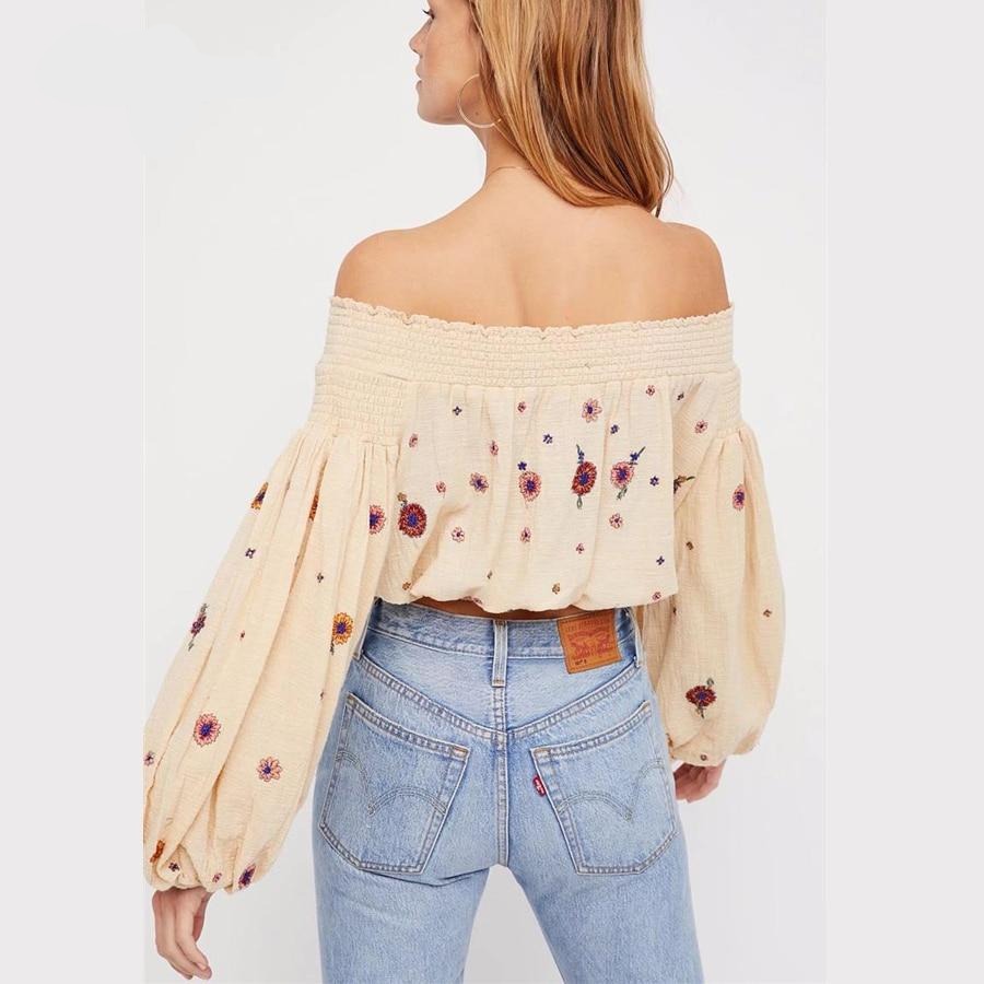 Lantern Sleeve Embroidered Off The Shoulder Boho Top