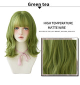 Olive Green Wig With Bangs Heat Resistant Synthetic Mid-length Wig