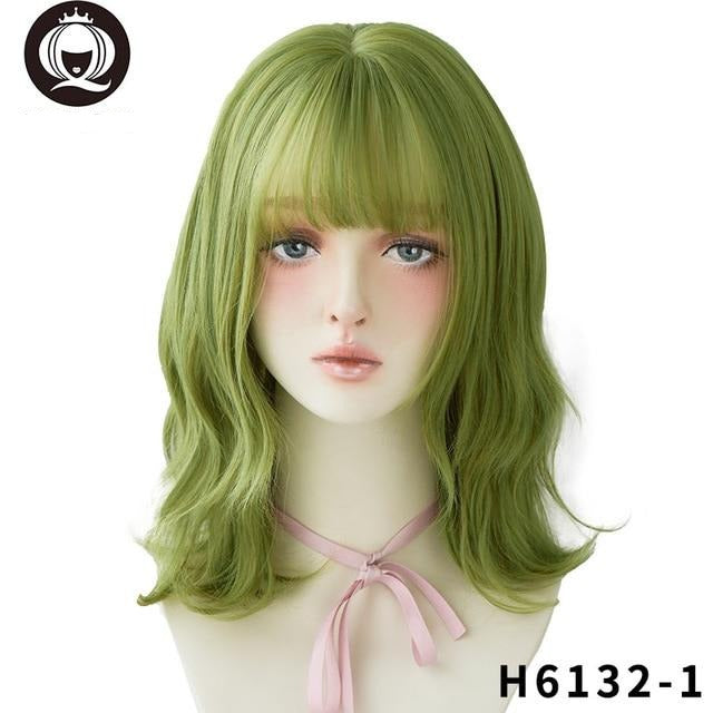 Olive Green Wig With Bangs Heat Resistant Synthetic Mid-length Wig