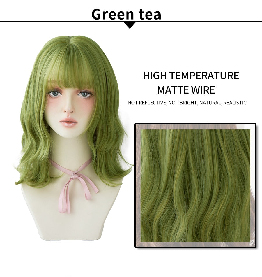 Olive Green Wig With Bangs Heat Resistant Synthetic Mid-length Wig