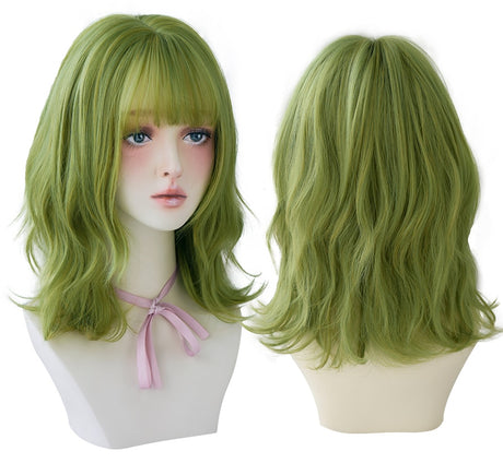 Olive Green Wig With Bangs Heat Resistant Synthetic Mid-length Wig