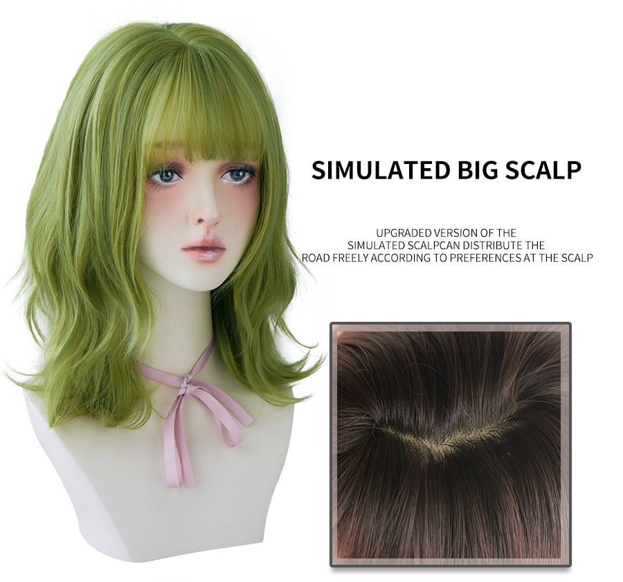 Olive Green Wig With Bangs Heat Resistant Synthetic Mid-length Wig