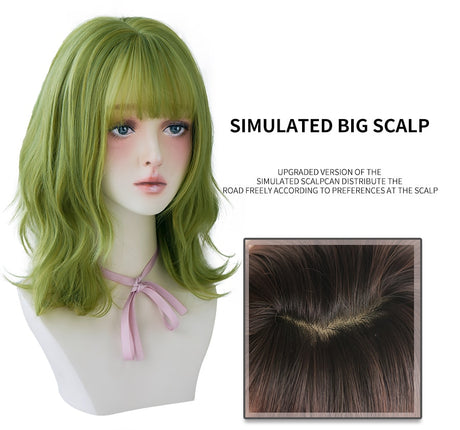 Olive Green Wig With Bangs Heat Resistant Synthetic Mid-length Wig