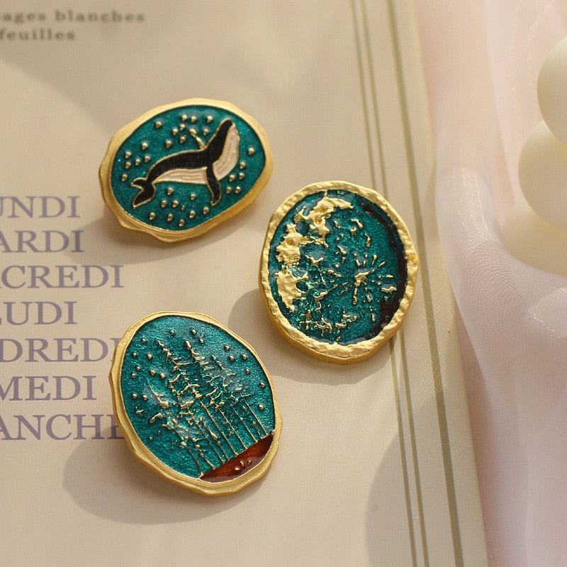 Oval Starry Sky Brooches Whale, Forest, Galaxy