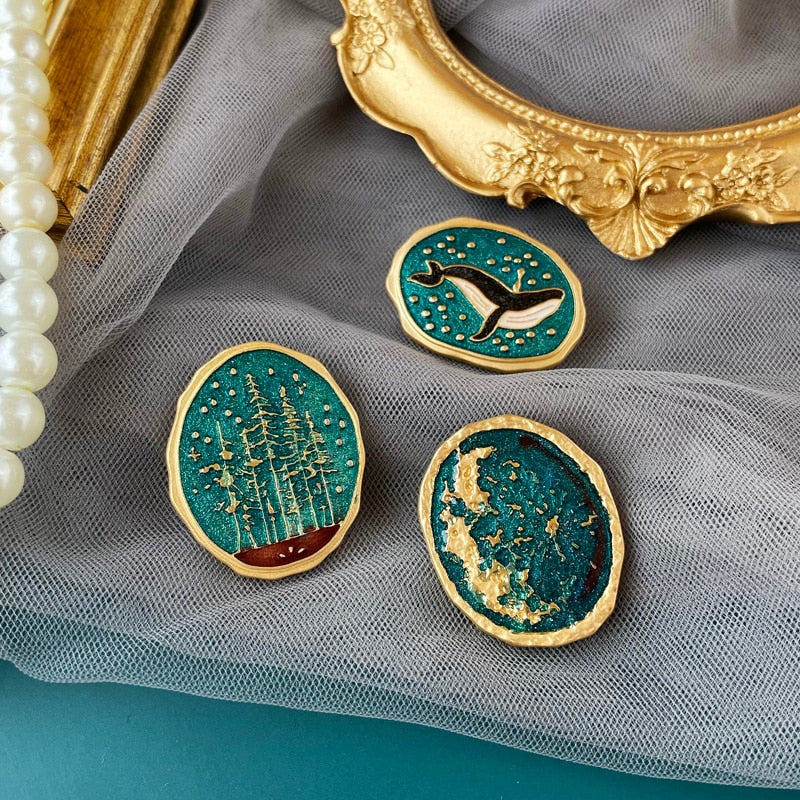Oval Starry Sky Brooches Whale, Forest, Galaxy