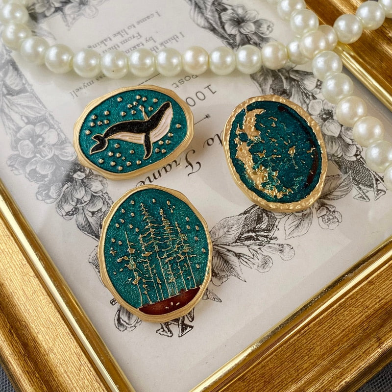 Oval Starry Sky Brooches Whale, Forest, Galaxy