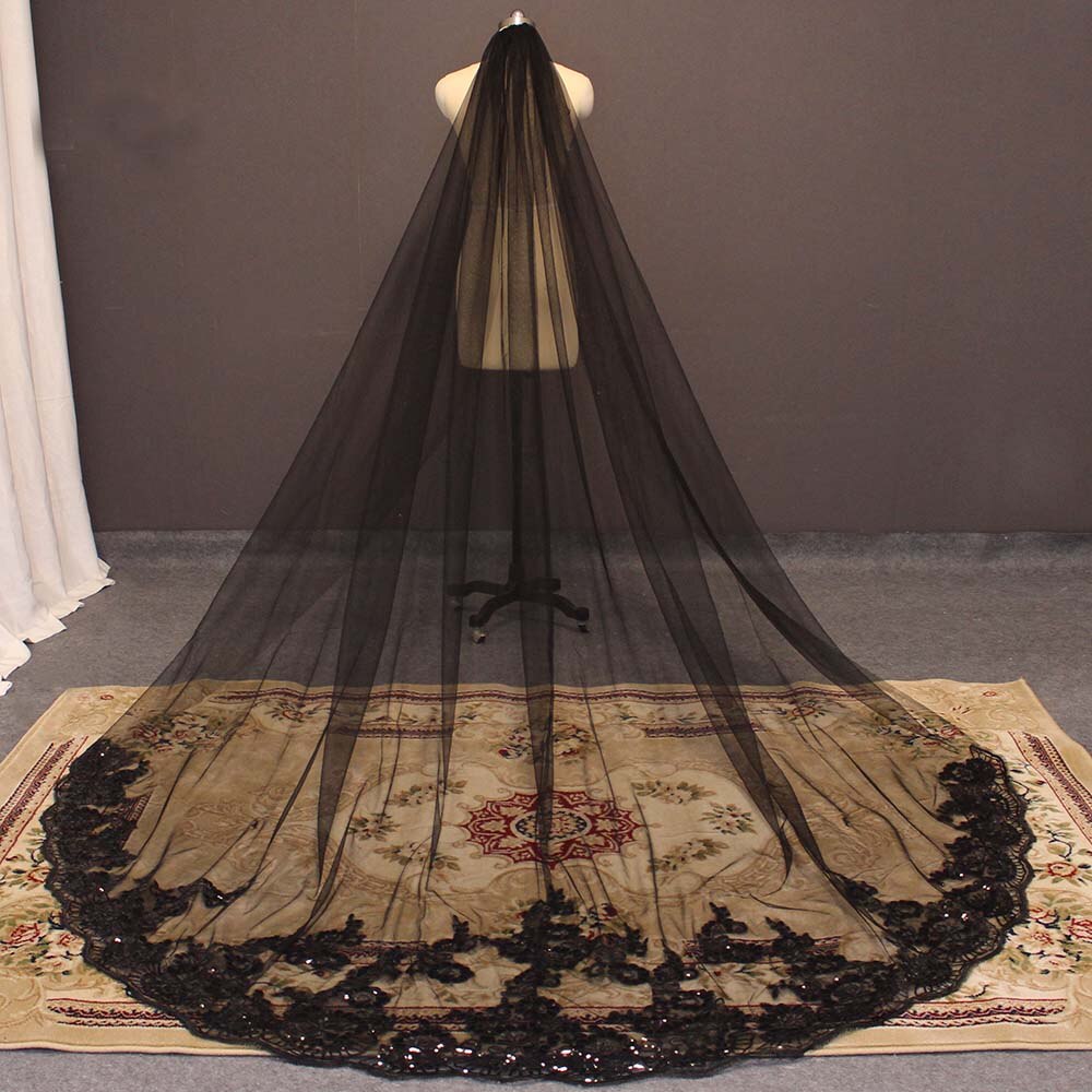 Cathedral Black Wedding Veil 3 Meters Long Bridal Veil with Comb