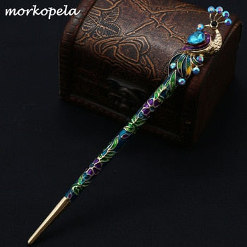 Peacock Hair Stick | Crystal & Enamel Hairpin