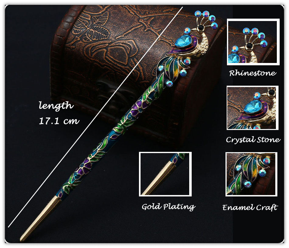 Peacock Hair Stick | Crystal & Enamel Hairpin