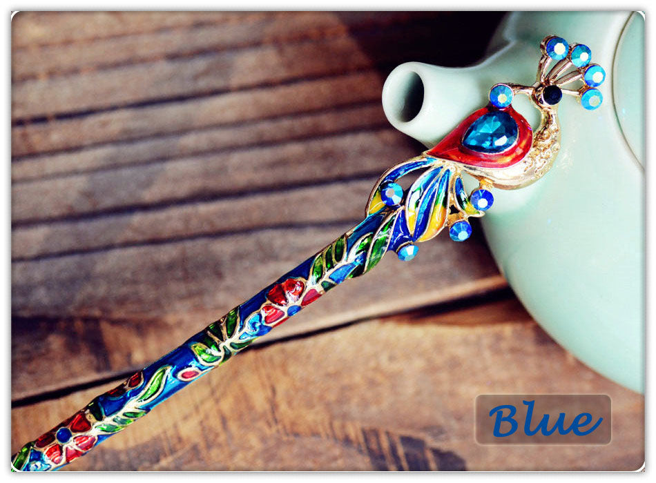 Peacock Hair Stick | Crystal & Enamel Hairpin