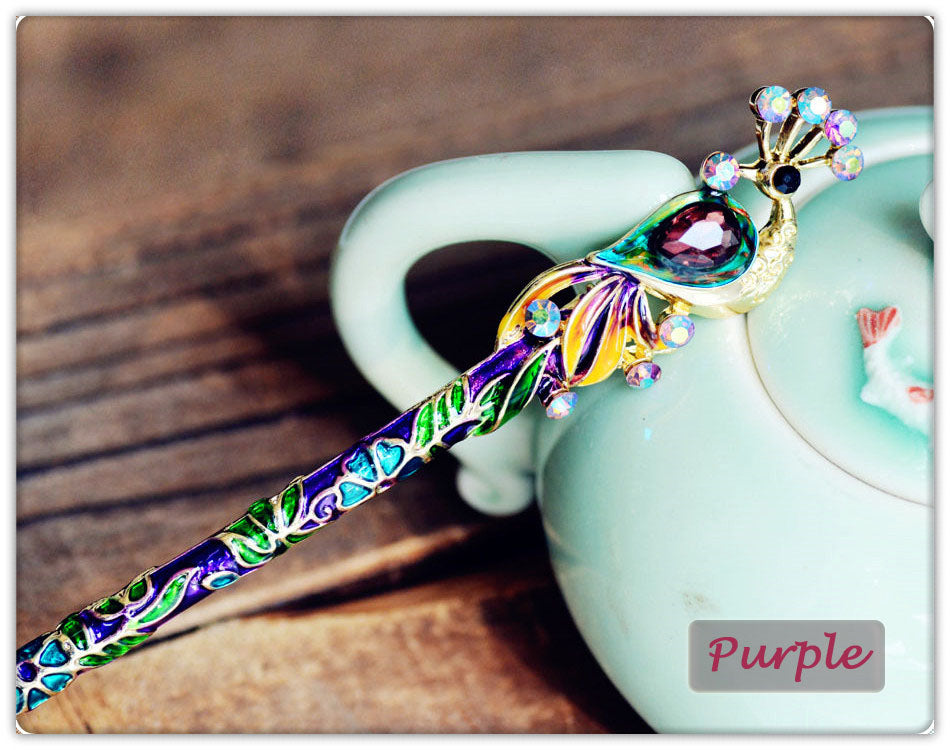 Peacock Hair Stick | Crystal & Enamel Hairpin