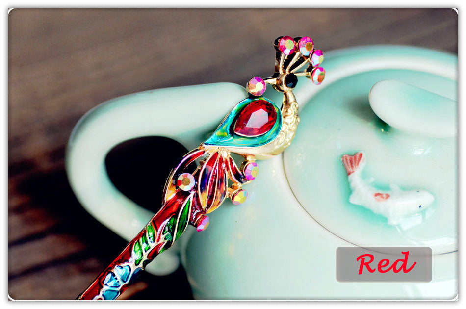 Peacock Hair Stick | Crystal & Enamel Hairpin