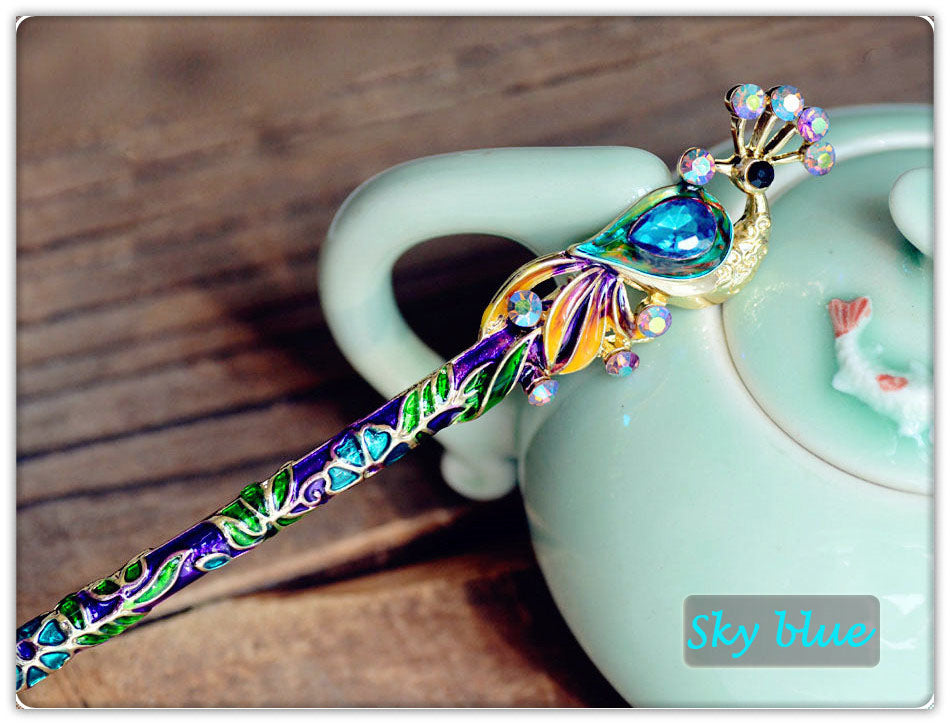 Peacock Hair Stick | Crystal & Enamel Hairpin