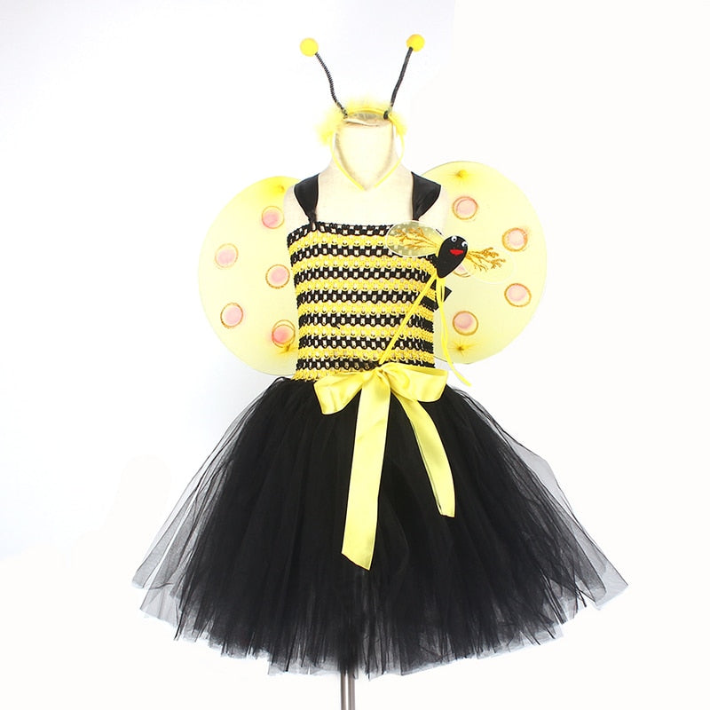 Girls Bumble Bee Costume Set Tutu Wings & Headband Halloween Dress Up Party